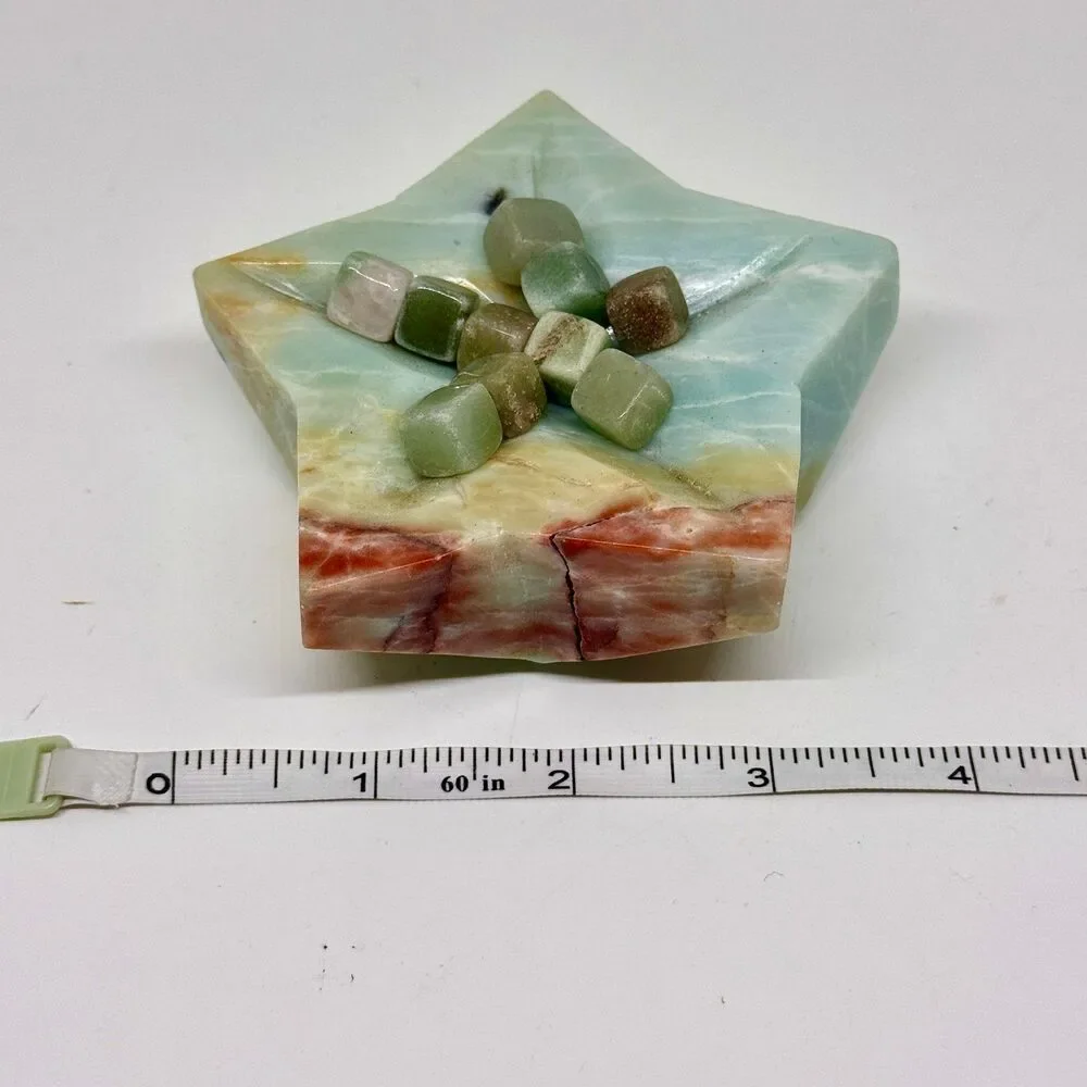 Caribbean Calcite Star Bowl‎ w Green Aventurine Cubes Crystal Decor
